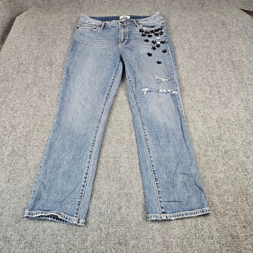 Paige Jacqueline Straight Jeans 32 Light Wash Beaded Star‎ Distressed Denim